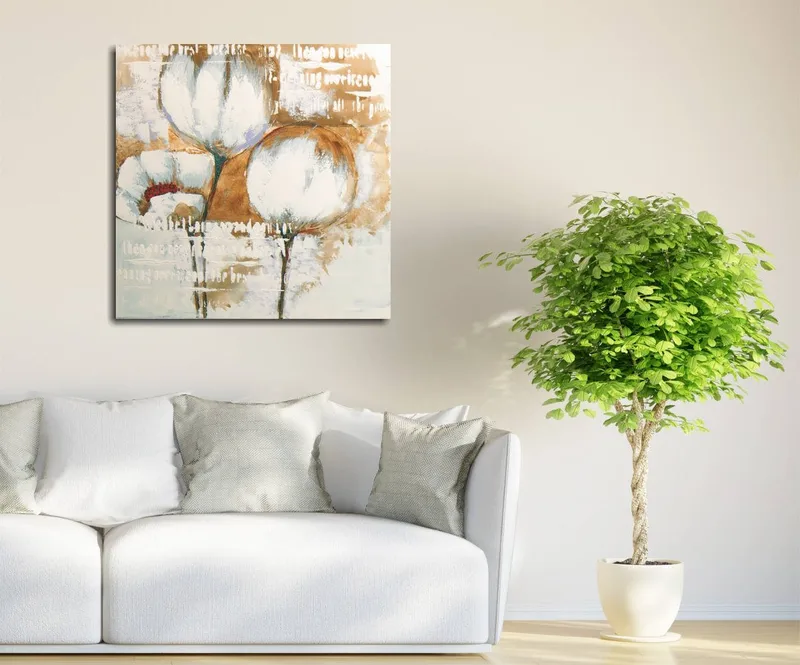 Canvastavla 45x45 cm - Abstrakt komposition med blommor i ljusa toner, Vit / Beige / Brun