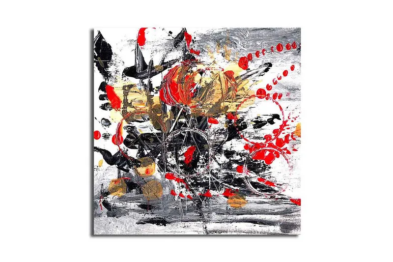 Canvastavla 45x45 cm - Abstrakt komposition med blommor och färgstarka inslag - Röd / Svart / Guld - Inredning & dekor - Tavlor & konst - Canvastavla