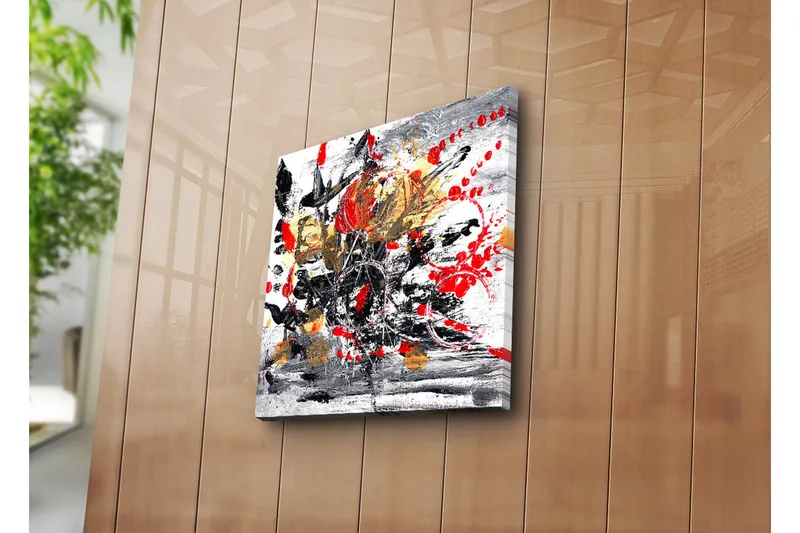 Canvastavla 45x45 cm - Abstrakt komposition med blommor och färgstarka inslag - Röd / Svart / Guld - Inredning & dekor - Tavlor & konst - Canvastavla