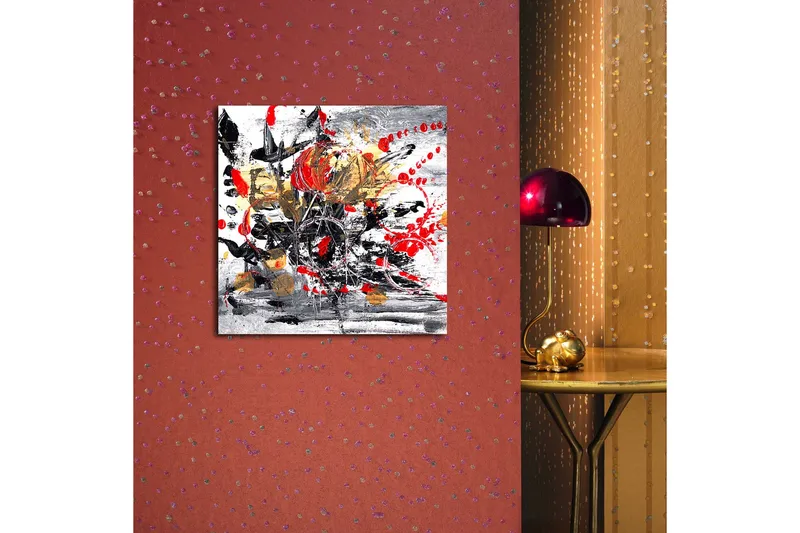 Canvastavla 45x45 cm - Abstrakt komposition med blommor och färgstarka inslag - Röd / Svart / Guld - Inredning & dekor - Tavlor & konst - Canvastavla
