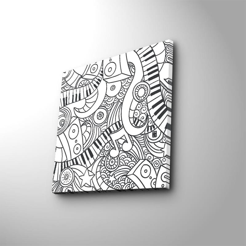 Canvastavla 45x45 cm - Abstrakt komposition med musikaliska element och mönster, Svart / Vitt