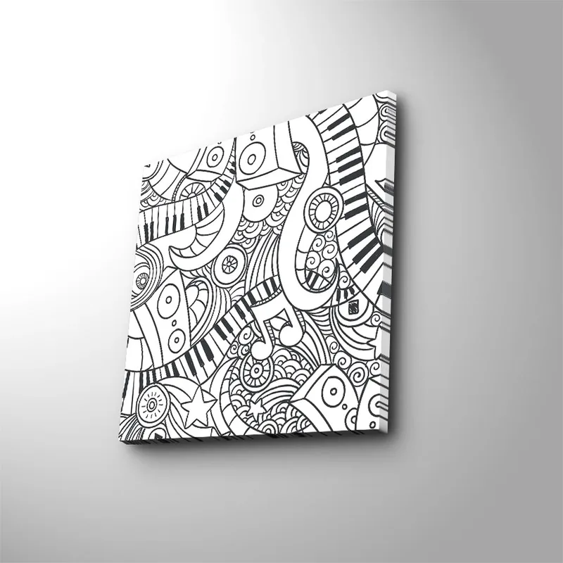 Canvastavla 45x45 cm - Abstrakt komposition med musikaliska element och mönster, Svart / Vitt