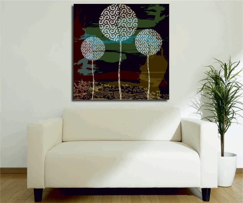 Canvastavla 45x45 cm - Abstrakt komposition med stiliserade trädtoppar, Grön / Svart / Vit