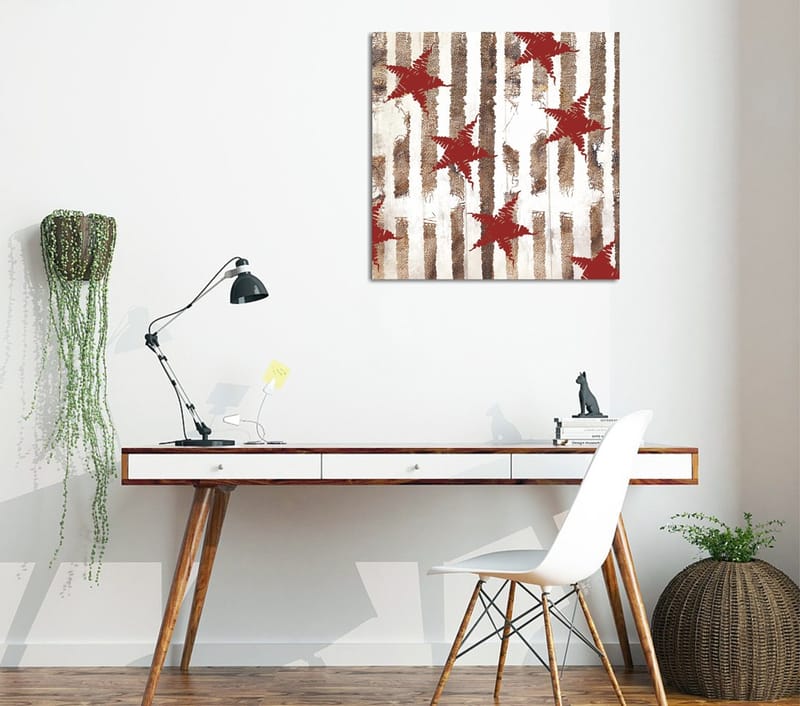Canvastavla 45x45 cm - Abstrakt komposition med stjärnor och vertikala linjer - Röd / Brun / Vit - Inredning & dekor - Tavlor & konst - Canvastavla