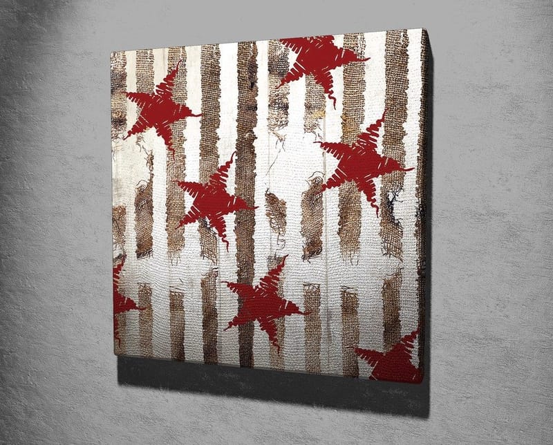 Canvastavla 45x45 cm - Abstrakt komposition med stjärnor och vertikala linjer - Röd / Brun / Vit - Inredning & dekor - Tavlor & konst - Canvastavla