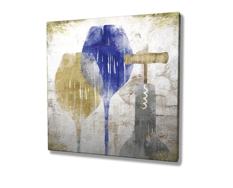 Canvastavla 45x45 cm - Abstrakt komposition med vinglas och korkskruv - Blå / Gul / Grå - Inredning & dekor - Tavlor & konst - Canvastavla