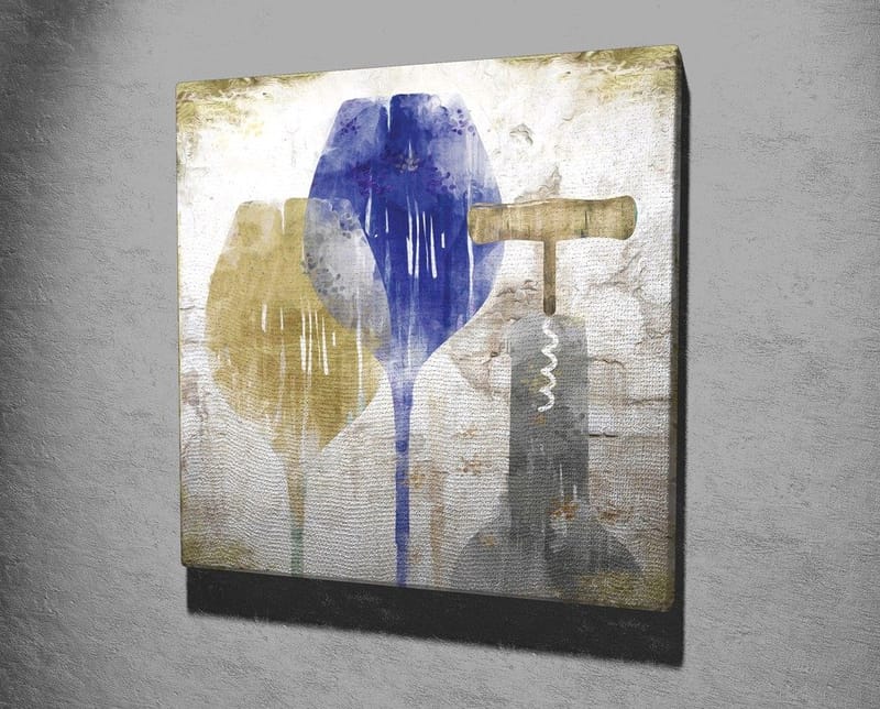 Canvastavla 45x45 cm - Abstrakt komposition med vinglas och korkskruv - Blå / Gul / Grå - Inredning & dekor - Tavlor & konst - Canvastavla