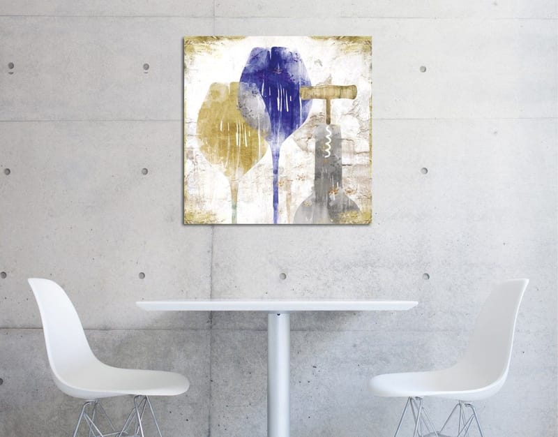 Canvastavla 45x45 cm - Abstrakt komposition med vinglas och korkskruv, Blå / Gul / Grå