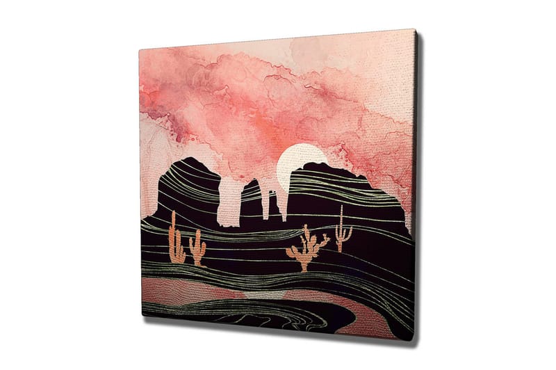Canvastavla 45x45 cm - Abstrakt landskap med kaktusar och bergsilhuetter - Rosa / Svart / Guld - Inredning & dekor - Tavlor & konst - Canvastavla