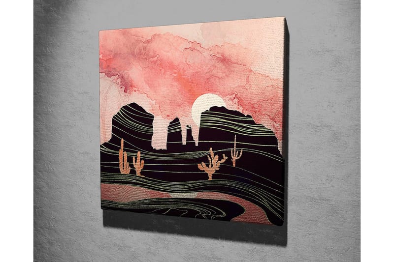 Canvastavla 45x45 cm - Abstrakt landskap med kaktusar och bergsilhuetter - Rosa / Svart / Guld - Inredning & dekor - Tavlor & konst - Canvastavla