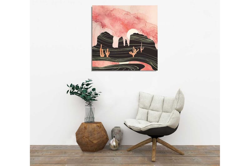 Canvastavla 45x45 cm - Abstrakt landskap med kaktusar och bergsilhuetter - Rosa / Svart / Guld - Inredning & dekor - Tavlor & konst - Canvastavla