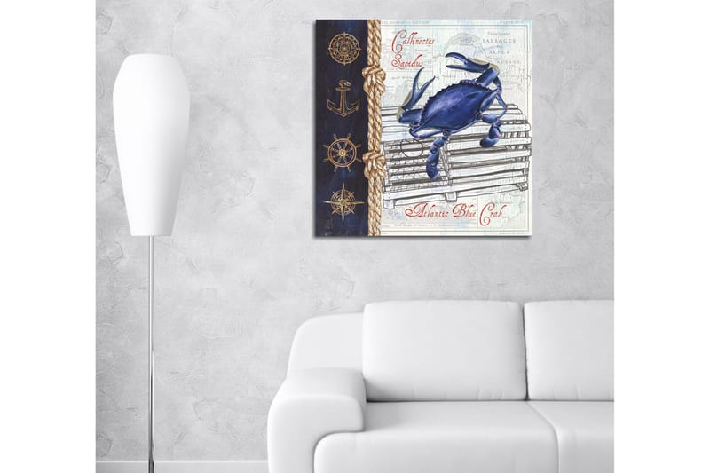 Canvastavla 45x45 cm - Blå krabba på en fiskebur med nautiska detaljer - Blå / Beige / Mörkblå - Inredning & dekor - Tavlor & konst - Canvastavla