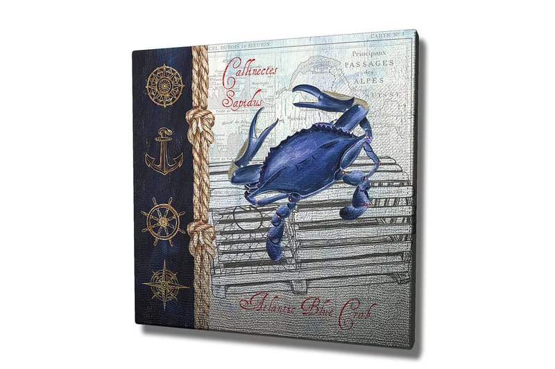 Canvastavla 45x45 cm - Blå krabba på en fiskebur med nautiska detaljer - Blå / Beige / Mörkblå - Inredning & dekor - Tavlor & konst - Canvastavla