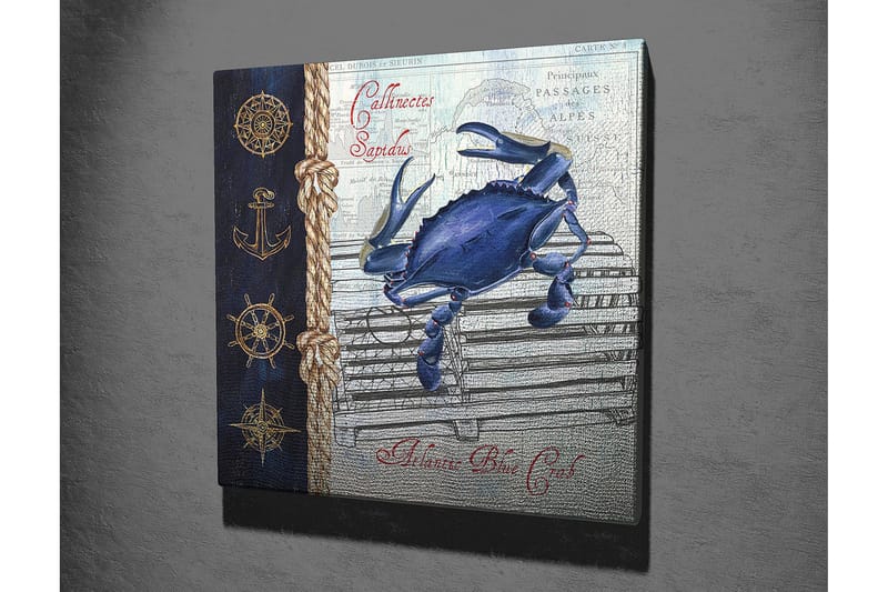 Canvastavla 45x45 cm - Blå krabba på en fiskebur med nautiska detaljer - Blå / Beige / Mörkblå - Inredning & dekor - Tavlor & konst - Canvastavla