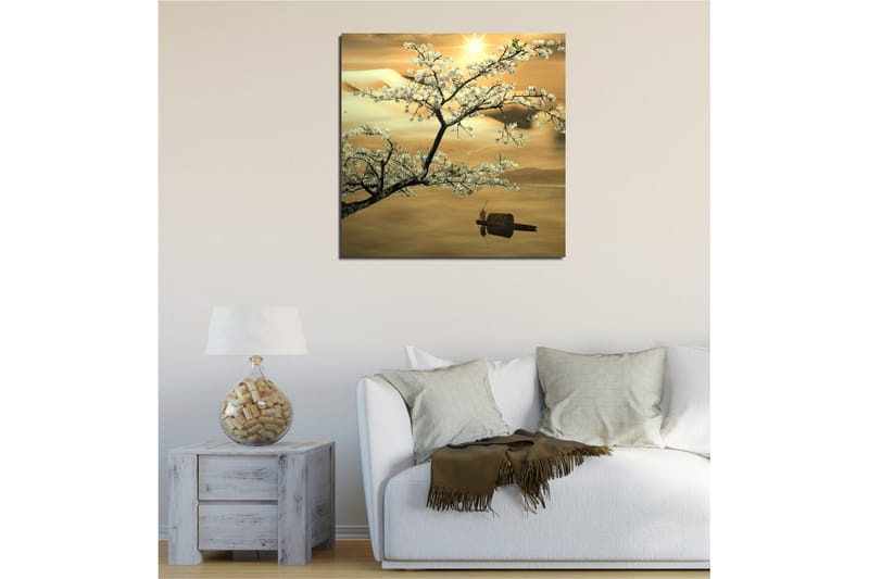 Canvastavla 45x45 cm - Blommande körsbärsträd vid solnedgången - Vit / Guld / Grön - Inredning & dekor - Tavlor & konst - Canvastavla