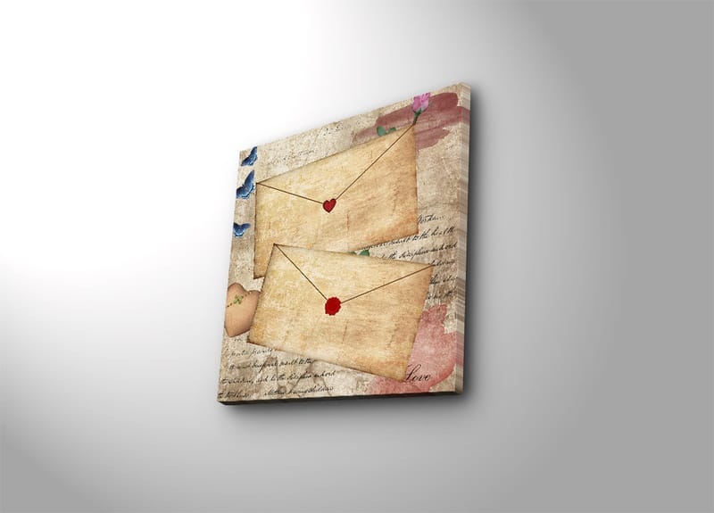 Canvastavla 45x45 cm - Brev med hjärtan och blommor på ett gammaldags papper - Beige / Röd / Blå - Inredning & dekor - Tavlor & konst - Canvastavla
