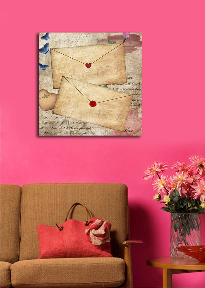 Canvastavla 45x45 cm - Brev med hjärtan och blommor på ett gammaldags papper - Beige / Röd / Blå - Inredning & dekor - Tavlor & konst - Canvastavla
