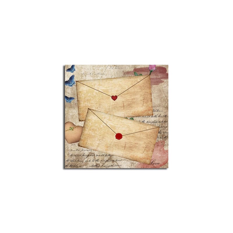 Canvastavla 45x45 cm - Brev med hjärtan och blommor på ett gammaldags papper - Beige / Röd / Blå - Inredning & dekor - Tavlor & konst - Canvastavla