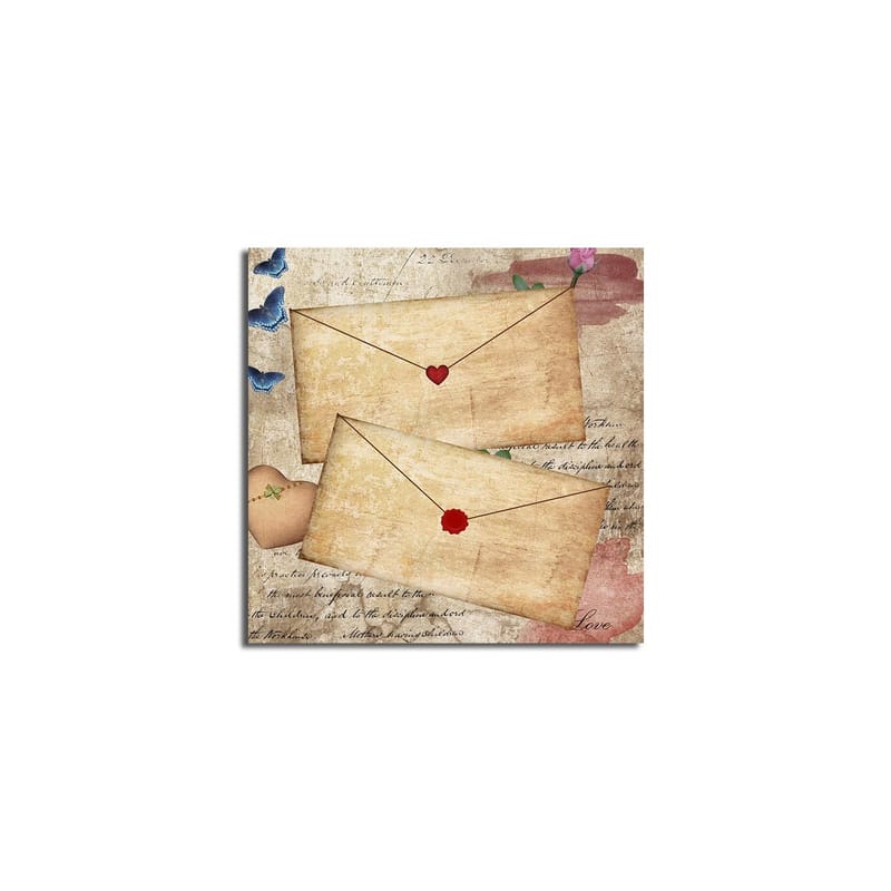 Canvastavla 45x45 cm - Brev med hjärtan och blommor på ett gammaldags papper - Beige / Röd / Blå - Inredning & dekor - Tavlor & konst - Canvastavla