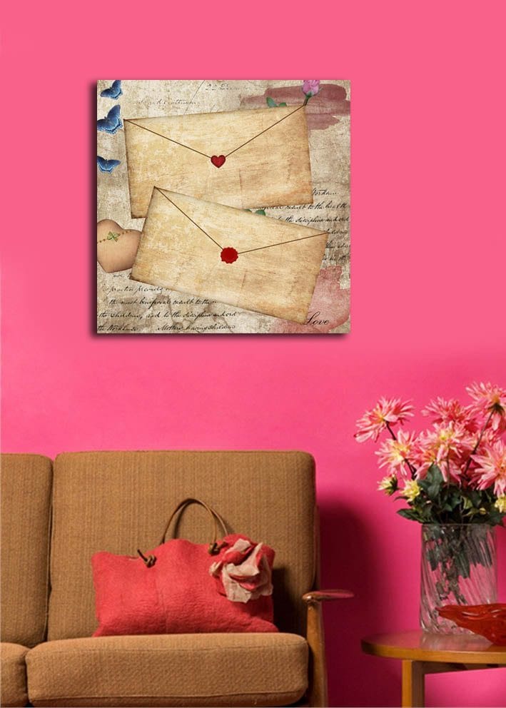 Canvastavla 45x45 cm - Brev med hjärtan och blommor på ett gammaldags papper - Beige / Röd / Blå - Inredning & dekor - Tavlor & konst - Canvastavla