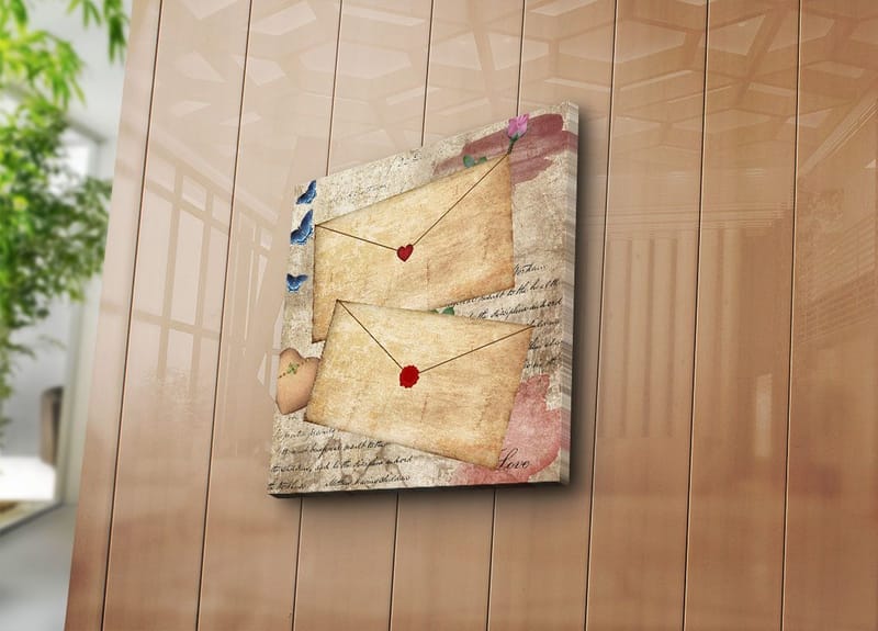 Canvastavla 45x45 cm - Brev med hjärtan och blommor på ett gammaldags papper - Beige / Röd / Blå - Inredning & dekor - Tavlor & konst - Canvastavla