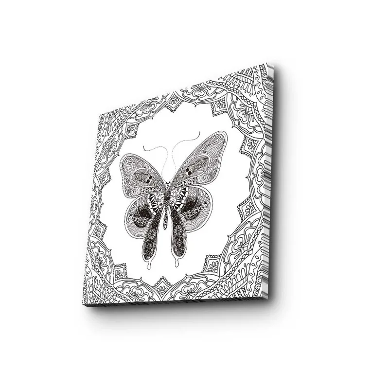 Canvastavla 45x45 cm - Detaljerad fjäril i svart och vitt med ornamentala mönster, Svart / Vitt