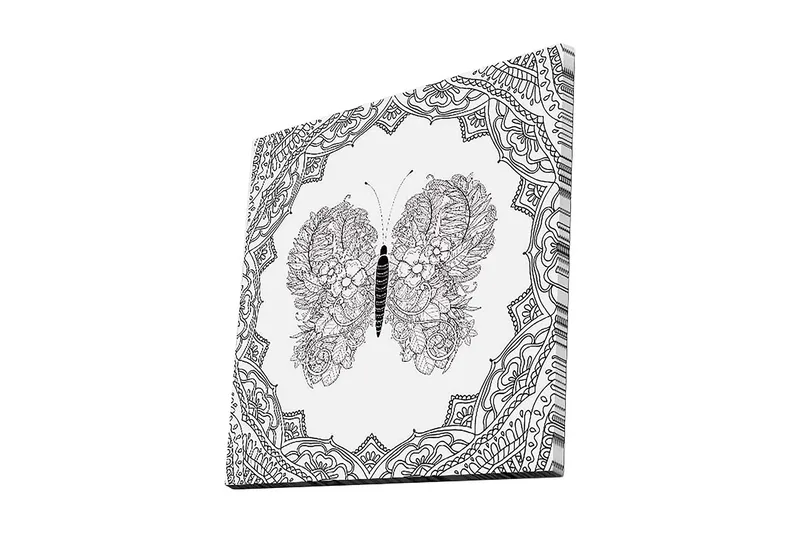 Canvastavla 45x45 cm - Detaljerad fjäril med blommönster i symmetrisk komposition, Svart / Vitt