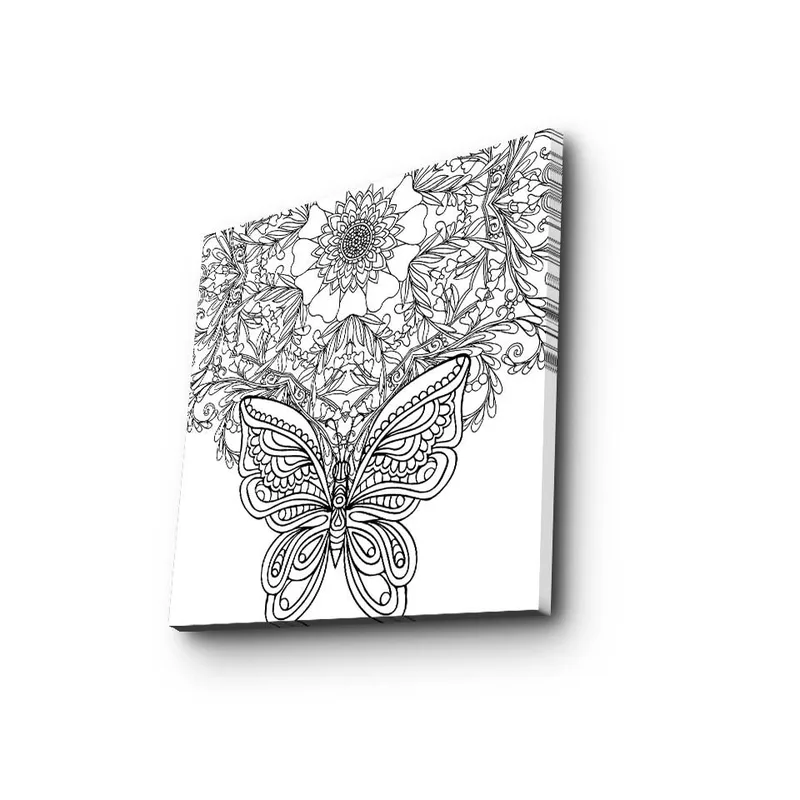 Canvastavla 45x45 cm - Detaljerad fjäril omgiven av blommor och mönster - Svart / Vitt - Inredning & dekor - Tavlor & konst - Canvastavla