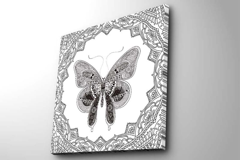 Canvastavla 45x45 cm - Detaljerad fjäril omgiven av ornamentala mönster - Svart / Vitt - Inredning & dekor - Tavlor & konst - Canvastavla