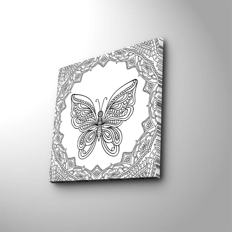 Canvastavla 45x45 cm - Detaljerad fjäril omgiven av ornamentala mönster - Svart / Vitt - Inredning & dekor - Tavlor & konst - Canvastavla