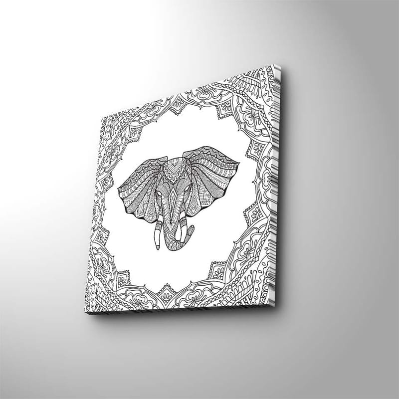 Canvastavla 45x45 cm - Detaljerad illustration av en elefant omgiven av ornamentala mönster - Svart / Vitt - Inredning & dekor - Tavlor & konst - Canvastavla