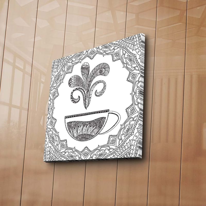 Canvastavla 45x45 cm - Detaljerad illustration av en kaffekopp med ångande mönster - Svart / Vitt - Inredning & dekor - Tavlor & konst - Canvastavla