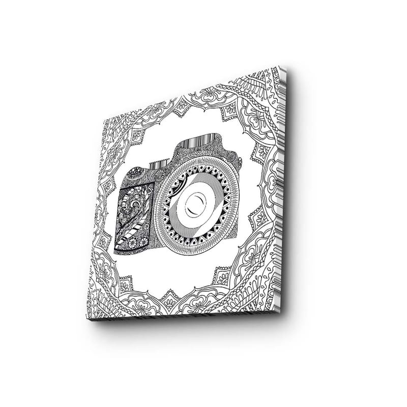 Canvastavla 45x45 cm - Detaljerad illustration av en kamera omgiven av ornamentala mönster, Svart / Vitt