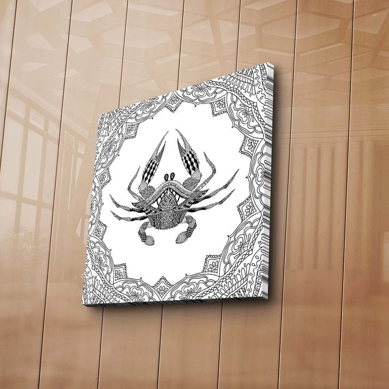 Canvastavla 45x45 cm - Detaljerad illustration av en krabba omgiven av ett mönstrat ramverk - Svart / Vitt - Inredning & dekor - Tavlor & konst - Canvastavla