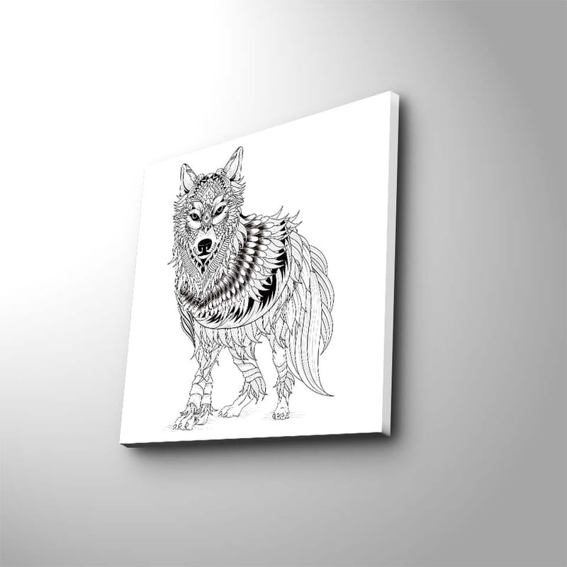 Canvastavla 45x45 cm - Detaljerad illustration av en varg med fjädrar och ornamentala mönster - Svart / Vitt - Inredning & dekor - Tavlor & konst - Canvastavla
