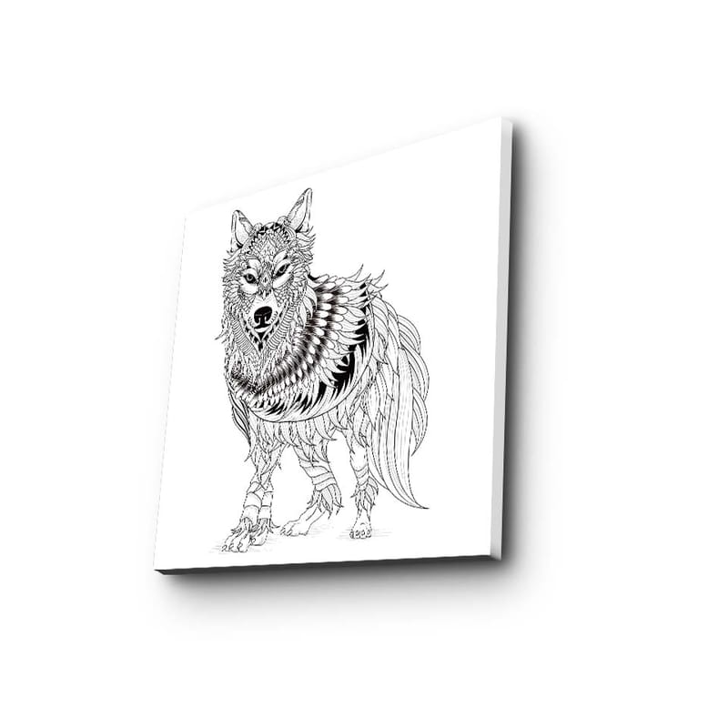 Canvastavla 45x45 cm - Detaljerad illustration av en varg med fjädrar och ornamentala mönster - Svart / Vitt - Inredning & dekor - Tavlor & konst - Canvastavla