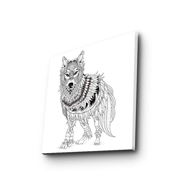 Canvastavla 45x45 cm - Detaljerad illustration av en varg med fjädrar och ornamentala mönster - Svart / Vitt - Inredning & dekor - Tavlor & konst - Canvastavla