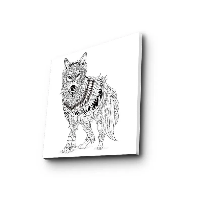 Canvastavla 45x45 cm - Detaljerad illustration av en varg med fjädrar och ornamentala mönster - Svart / Vitt - Inredning & dekor - Tavlor & konst - Canvastavla