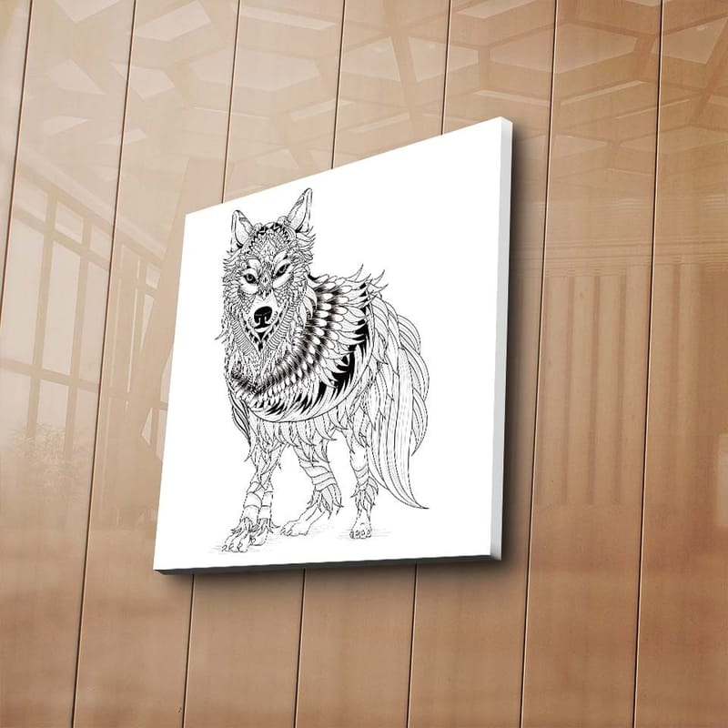 Canvastavla 45x45 cm - Detaljerad illustration av en varg med fjädrar och ornamentala mönster - Svart / Vitt - Inredning & dekor - Tavlor & konst - Canvastavla