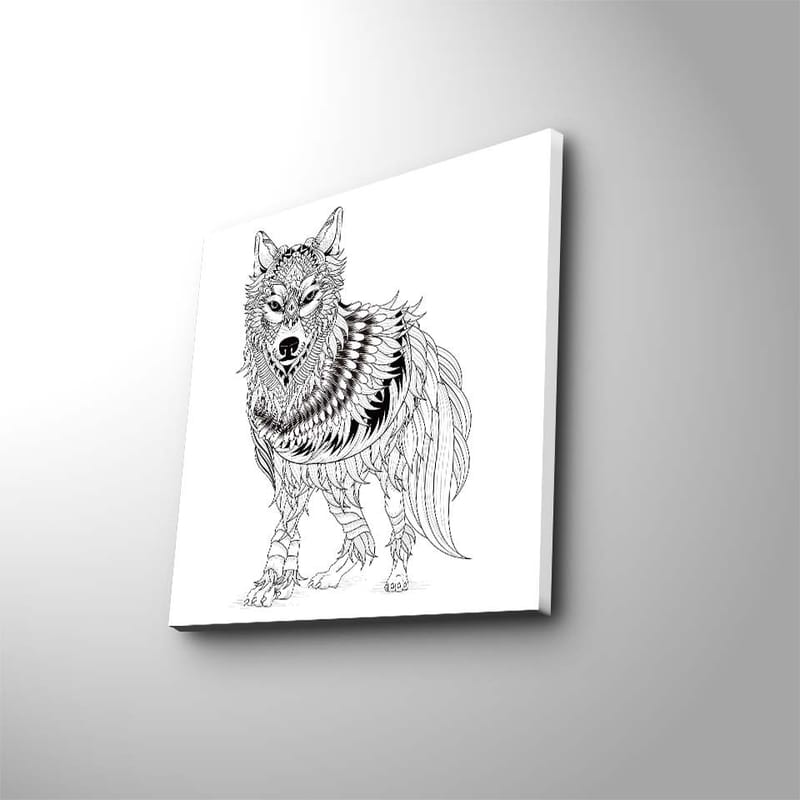 Canvastavla 45x45 cm - Detaljerad illustration av en varg med fjädrar och ornamentala mönster - Svart / Vitt - Inredning & dekor - Tavlor & konst - Canvastavla