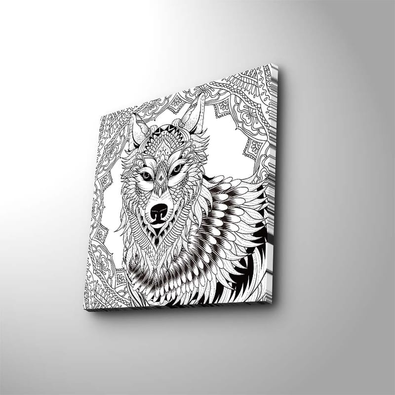 Canvastavla 45x45 cm - Detaljerad illustration av en varg med ornamentala mönster, Svart / Vitt