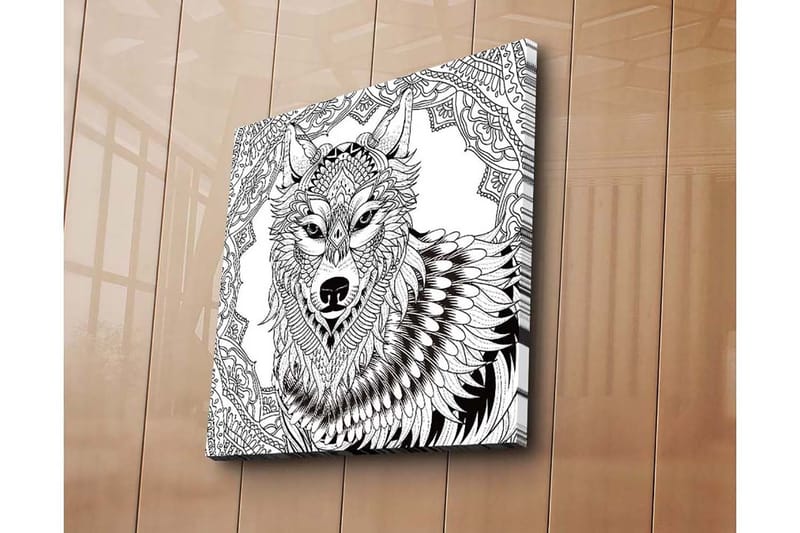 Canvastavla 45x45 cm - Detaljerad illustration av en varg med ornamentala mönster, Svart / Vitt