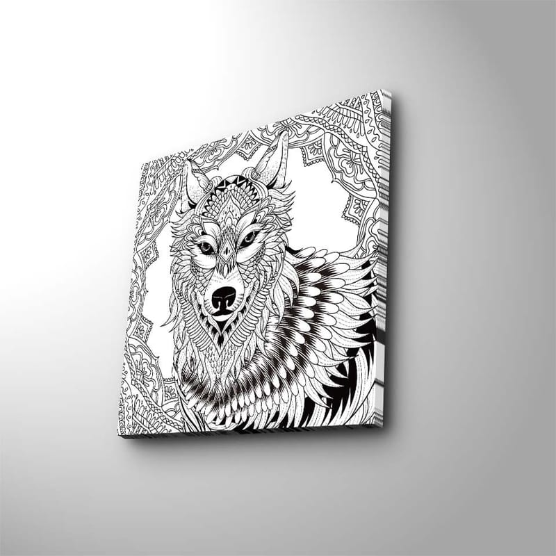 Canvastavla 45x45 cm - Detaljerad illustration av en varg med ornamentala mönster, Svart / Vitt