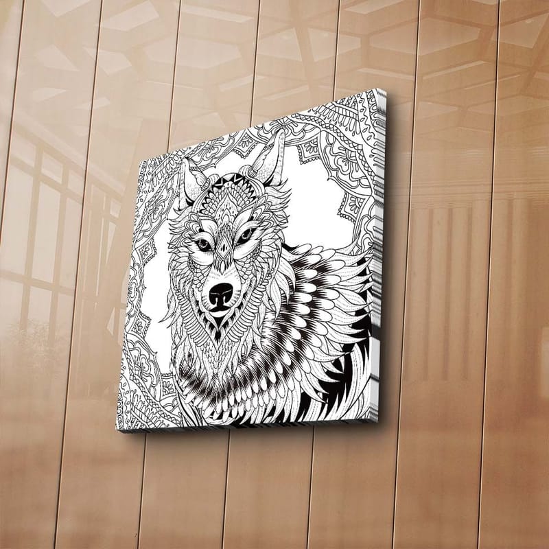 Canvastavla 45x45 cm - Detaljerad illustration av en varg med ornamentala mönster - Svart / Vitt - Inredning & dekor - Tavlor & konst - Canvastavla