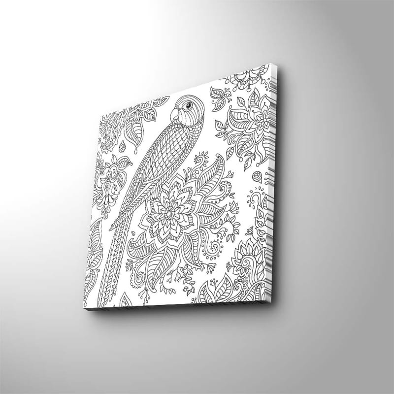 Canvastavla 45x45 cm - Detaljerad illustration av en papegoja omgiven av blommor och mönster - Svart / Vitt - Inredning & dekor - Tavlor & konst - Canvastavla