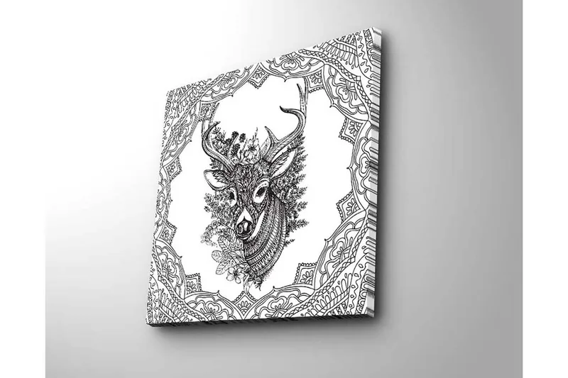 Canvastavla 45x45 cm - Detaljerad illustration av ett hjorthuvud omgiven av ornamentala mönster - Svart / Vitt - Inredning & dekor - Tavlor & konst - Canvastavla