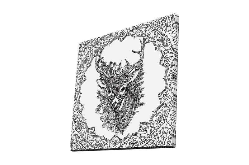 Canvastavla 45x45 cm - Detaljerad illustration av ett hjorthuvud omgiven av ornamentala mönster - Svart / Vitt - Inredning & dekor - Tavlor & konst - Canvastavla