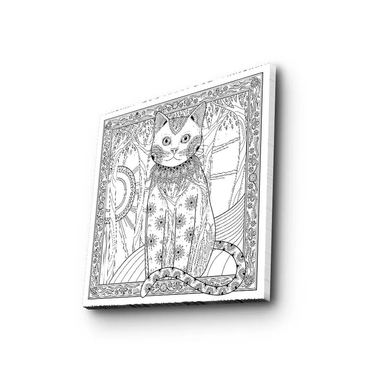 Canvastavla 45x45 cm - Detaljerad katt med mönster och ornamentik, Svart / Vitt