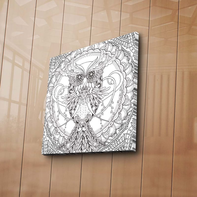Canvastavla 45x45 cm - Detaljerad och stiliserad uggla omgiven av ornamentala mönster - Svart / Vitt - Inredning & dekor - Tavlor & konst - Canvastavla