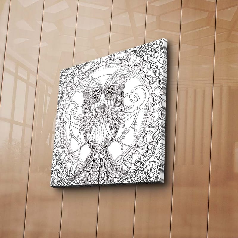 Canvastavla 45x45 cm - Detaljerad och stiliserad uggla omgiven av ornamentala mönster - Svart / Vitt - Inredning & dekor - Tavlor & konst - Canvastavla